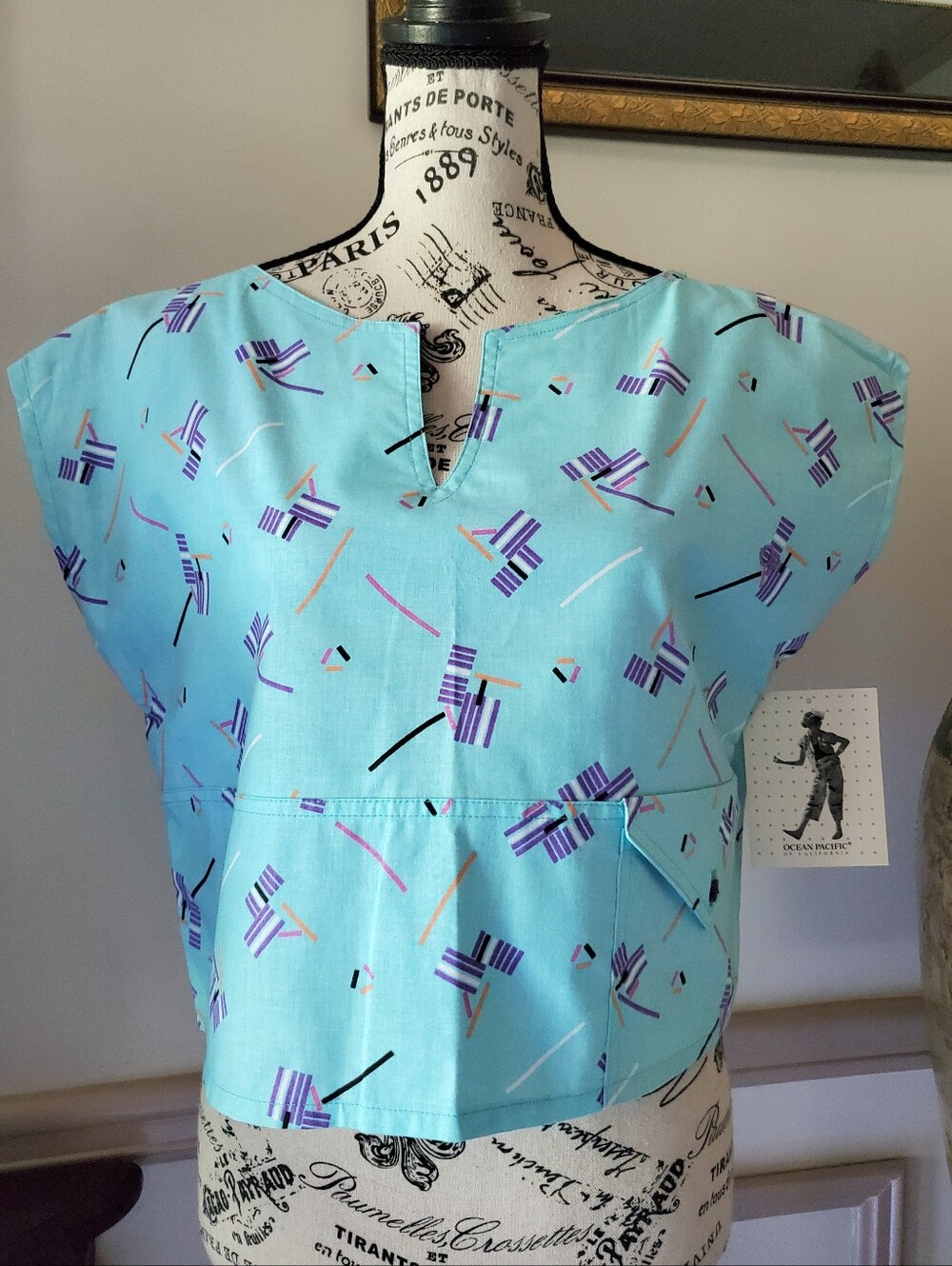 Vintage Deadstock OP Boxy Surfer Crop Top, Aqua Blue, 80s Pattern, NWT